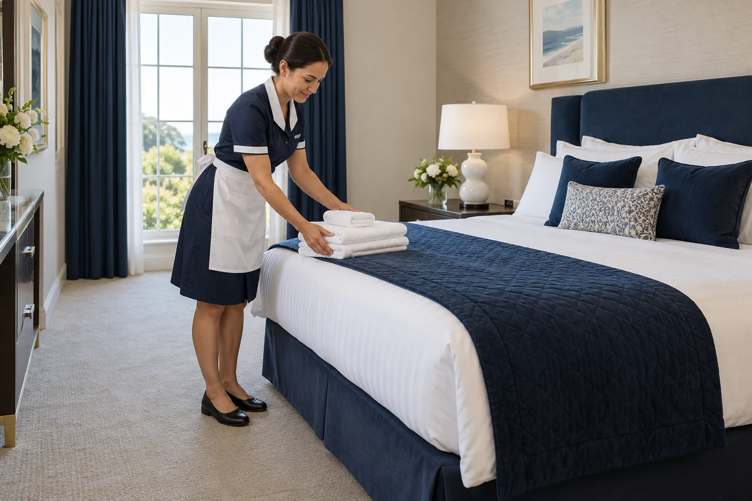 Operatrice di housekeeping accanto al letto di una camera d’albergo