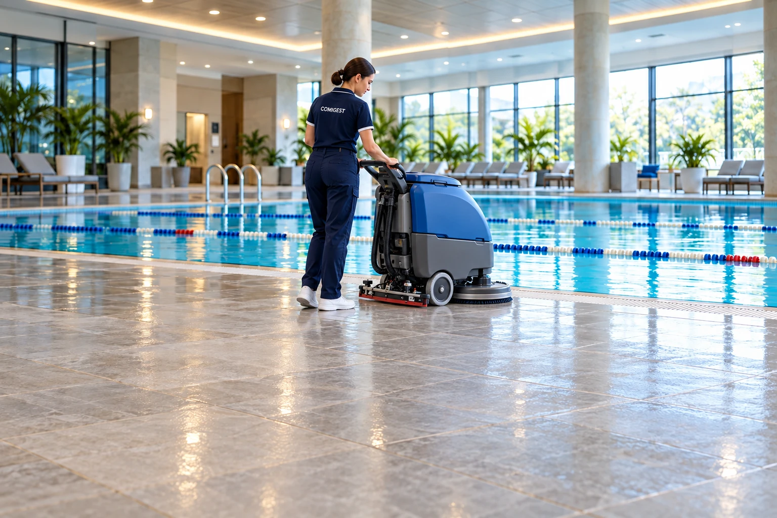 Operatrice COMIGEST a figura intera che utilizza una macchina lavasciuga sul piano vasca di una piscina al chiuso
